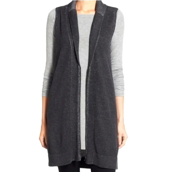 Eileen Fisher Organic Cotton Plaited Longline Zip-Front Gray Sweater Vest Medium - Picture 1 of 15
